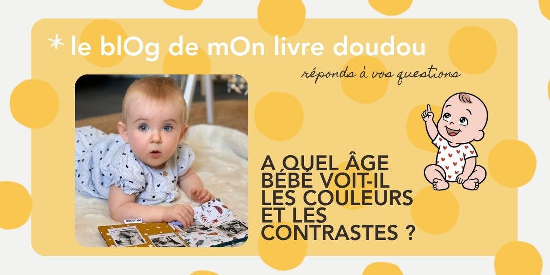 Bébé observe avec attention les contrastes et couleurs de son livre doudou personnalisé
