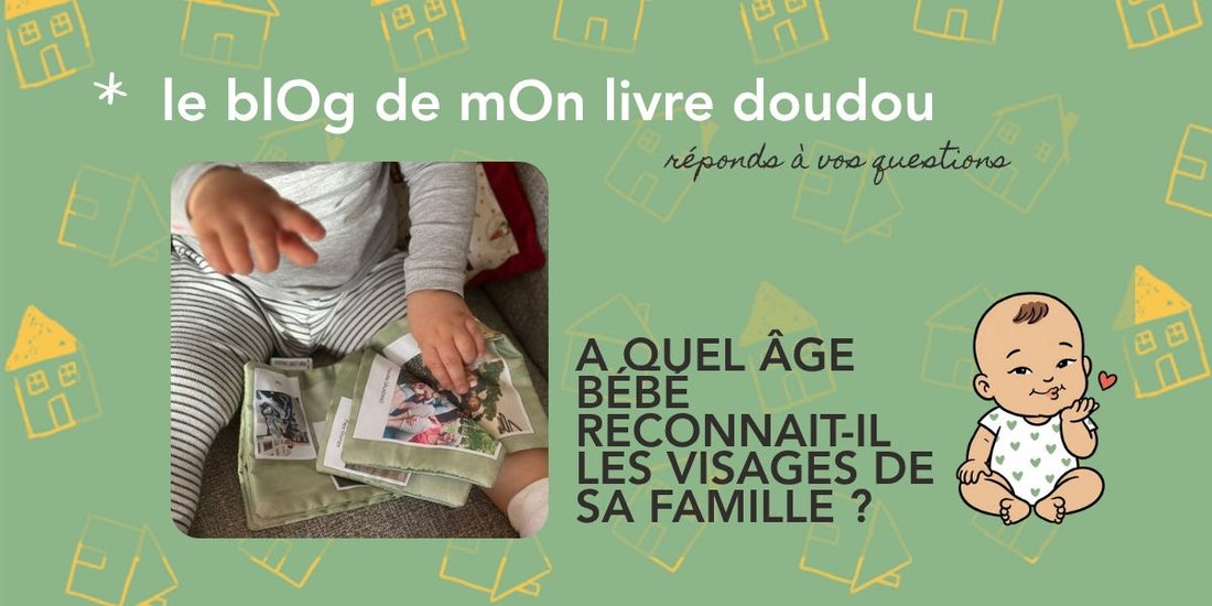 Bébé de quelques mois qui regarde la page photo de son livre tissu personnalisé