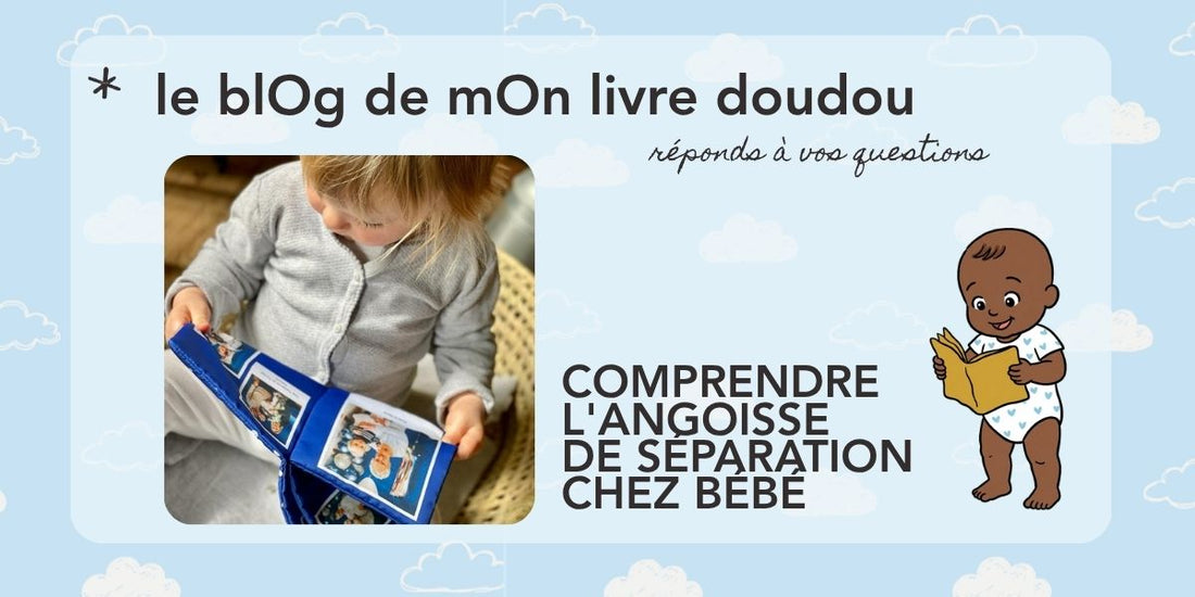 Bébé serrant son livre doudou personnalisé pour s'apaiser pendant la séparation