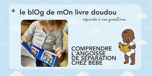 Bébé serrant son livre doudou personnalisé pour s'apaiser pendant la séparation