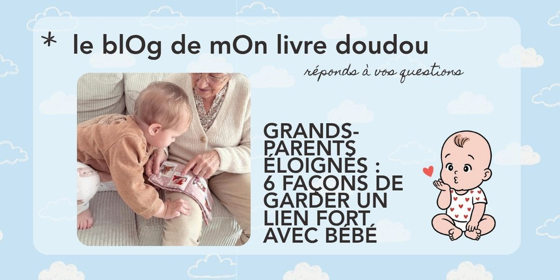 Bébé feuilletant son livre doudou avec les photos de ses grands-parents éloignés