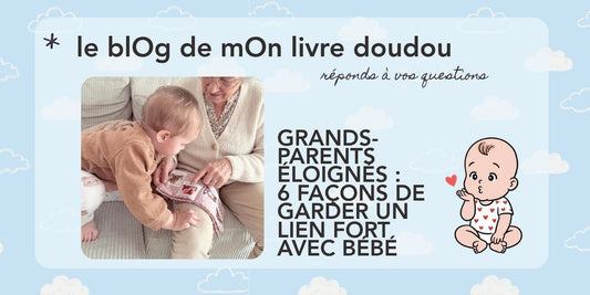 Bébé feuilletant son livre doudou avec les photos de ses grands-parents éloignés